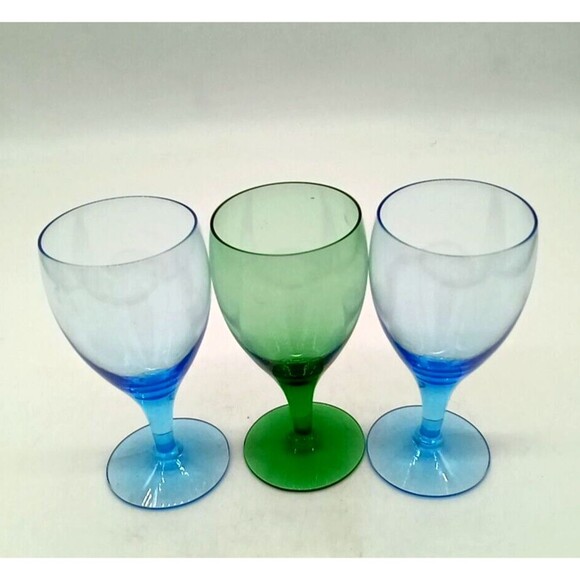 Vintage Set Of 3 Crystal Two Blue & One Green 6" Wine Glasses - Picture 2 of 6